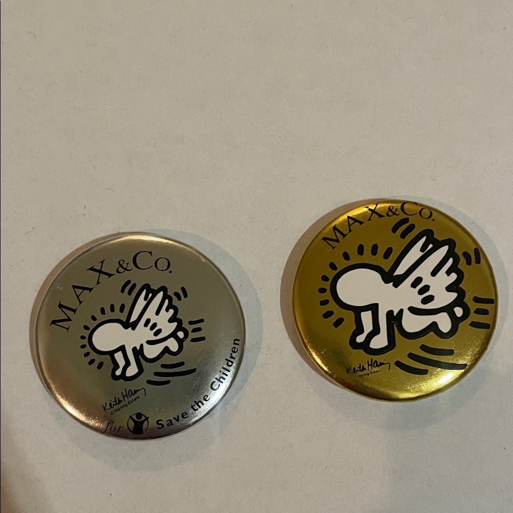 Max & Co. Graphic Silver and Gold Pins Retro Pins Kieth Hardy Pair